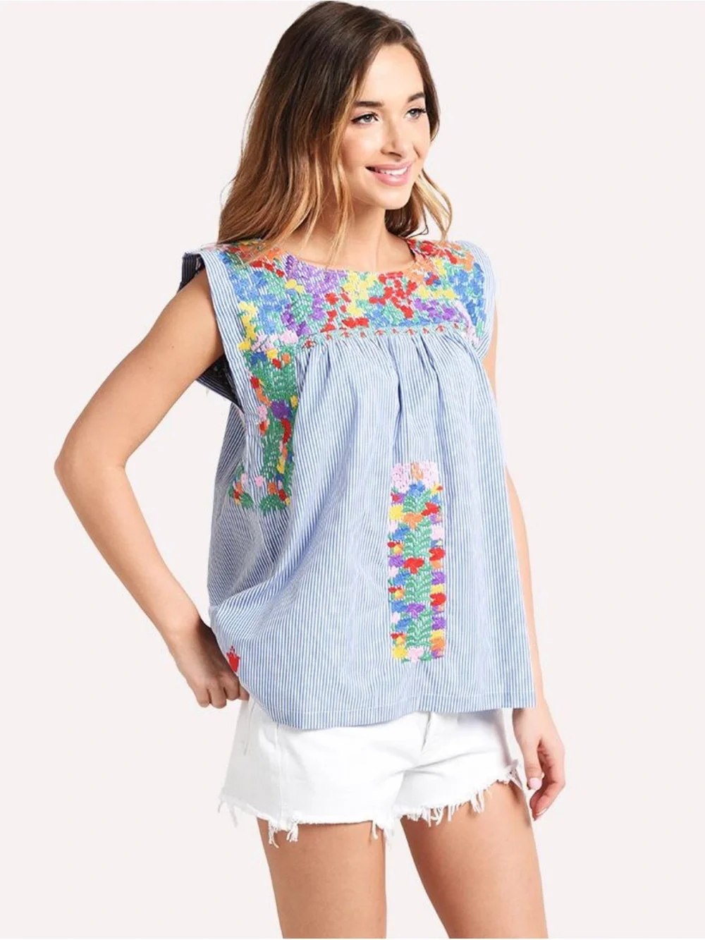 J.Marie Blue Striped Floral Mexican Embroidered Sleeveless Top - Picture 3 of 10